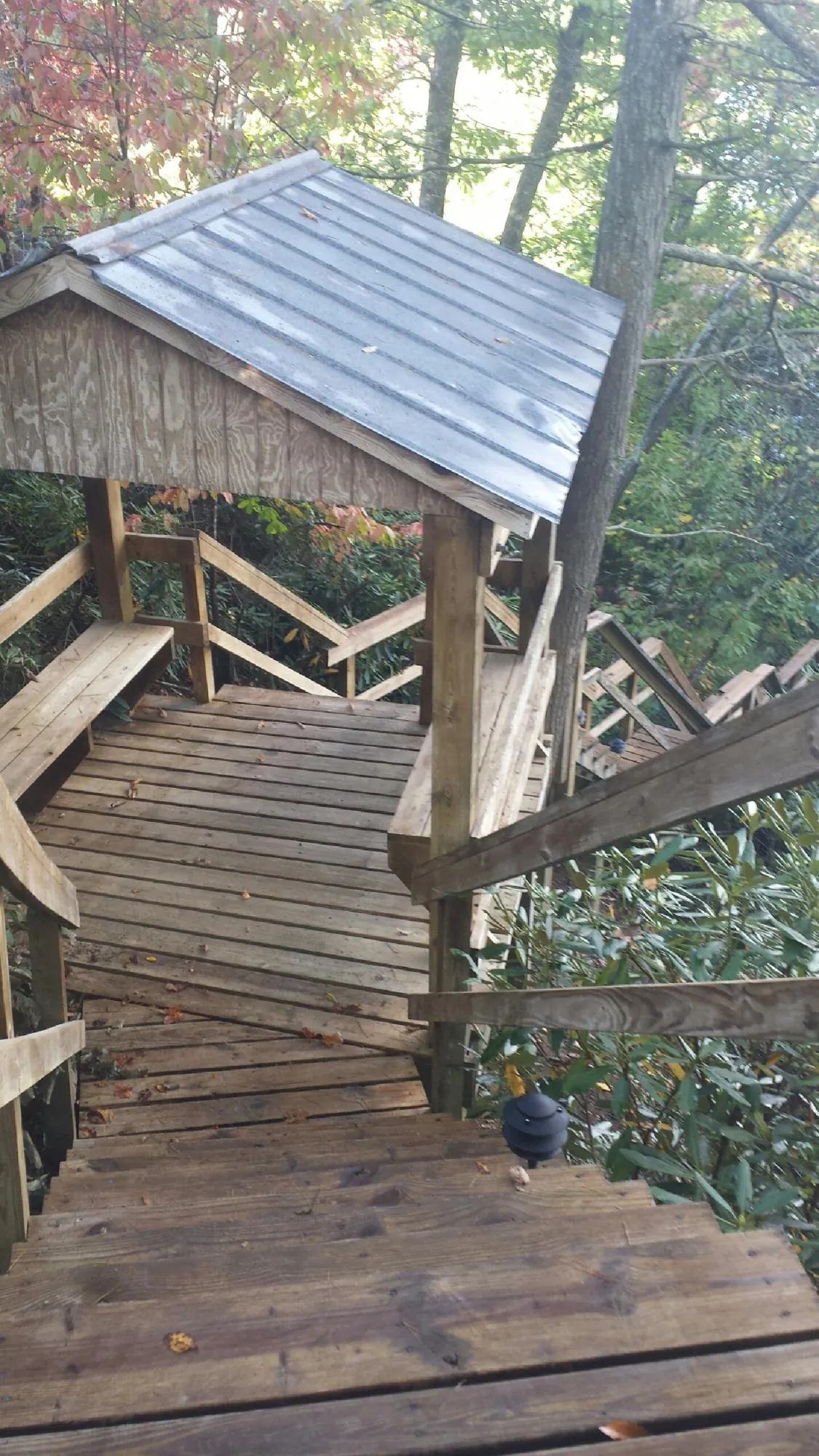 Metal roofed shelter over wooden steps on a wooded walkway — Skylight Repair & Installation work by our crew in Houghton